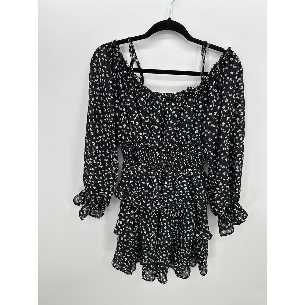 Black Floral Cottagecore Mini Dress Sz L Ruffle Peasant‎ Feminine Boho Picnic - Picture 2 of 7